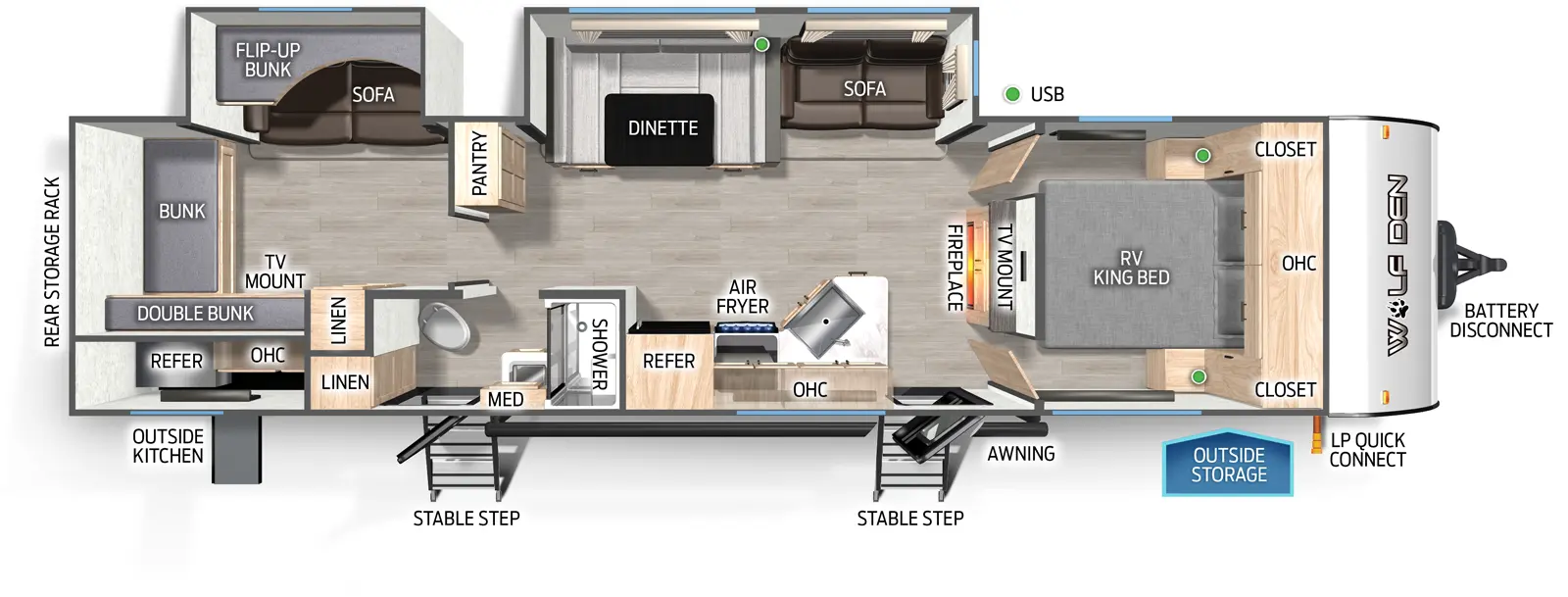 The Wolf Den 301BH floorplan has two entries and two slide outs. Exterior features include: metal exterior and outside kitchen. Interiors features include: bunk beds, u-dinette and front bedroom.